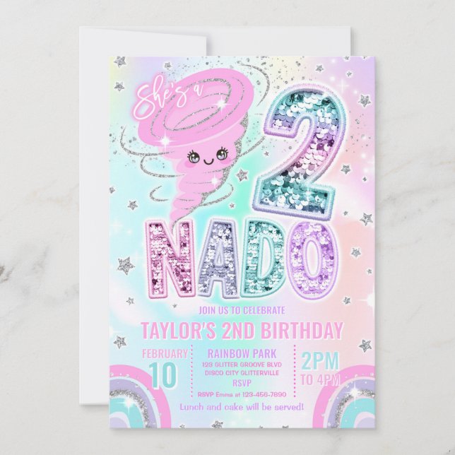 Invitación Two Nado Rainbow Glitter 2nd Birthday Party  (Anverso)
