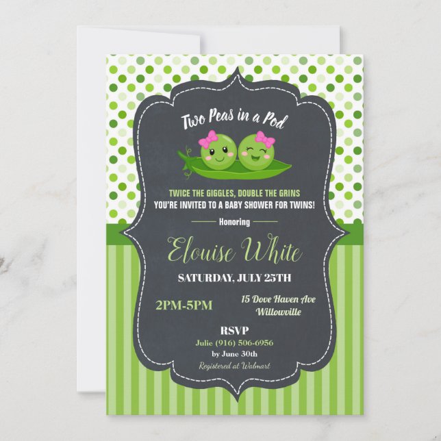 Invitación Two Peas in a Pod Baby Shower Twins Baby Girls (Anverso)