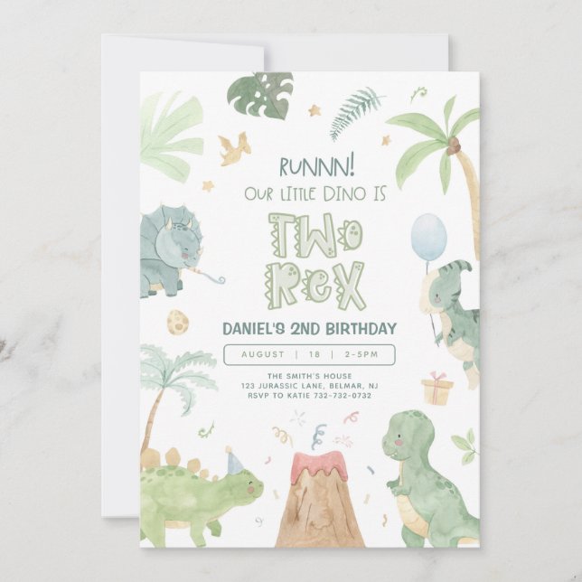 Invitación Two Rex Our Little Dino Second Birthday (Anverso)