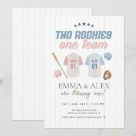 Invitación Two Rookies One Team Baseball Sibling Birthday