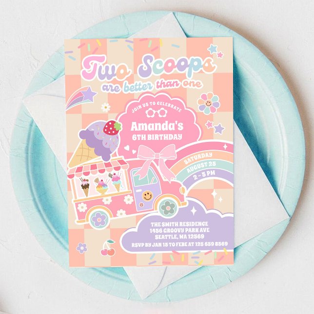Invitación Two Scoop Ice Cream Groovy Daisy 2nd Birthday (Subido por el creador)