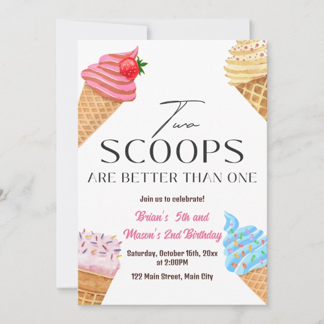 Invitación Two Scoops Are Better Than One Birthday Party (Anverso)