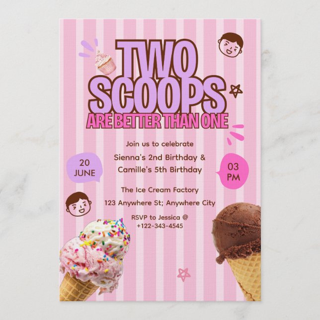 Invitación Two Scoops are Better Than One Ice Cream Birthday  (Anverso)