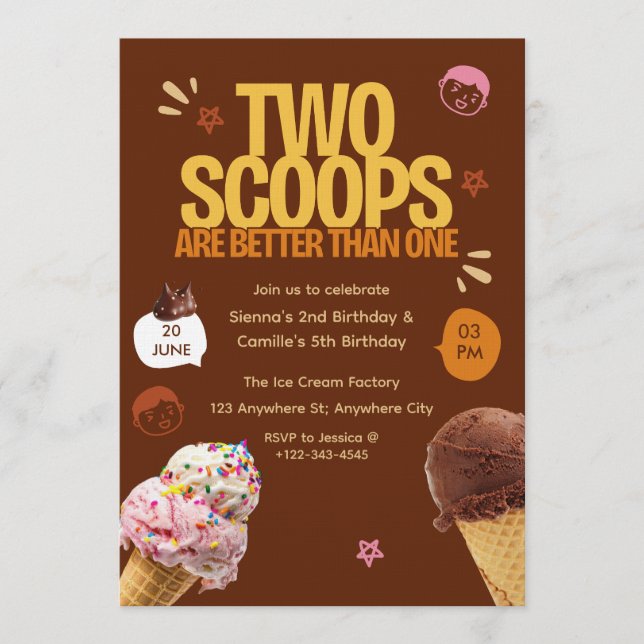 Invitación Two Scoops are Better Than One Ice Cream Birthday  (Anverso)