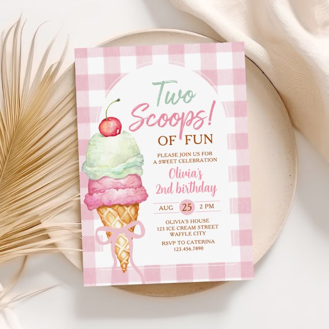 Invitación Two Scoops Of Fun Ice Cream Bow 2nd Birthday (Subido por el creador)