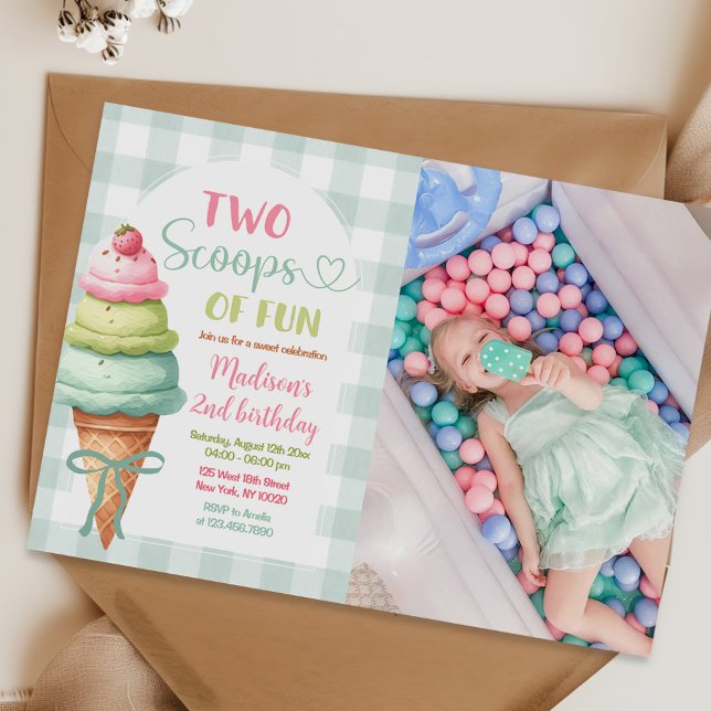 Invitación Two Scoops Of Fun Ice Cream Bow 2nd Birthday Photo (Subido por el creador)