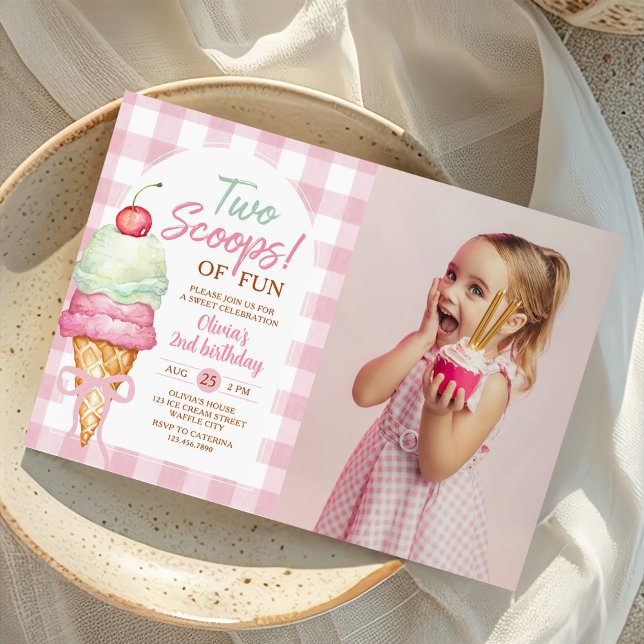 Invitación Two Scoops Of Fun Ice Cream Bow 2nd Birthday Photo (Subido por el creador)