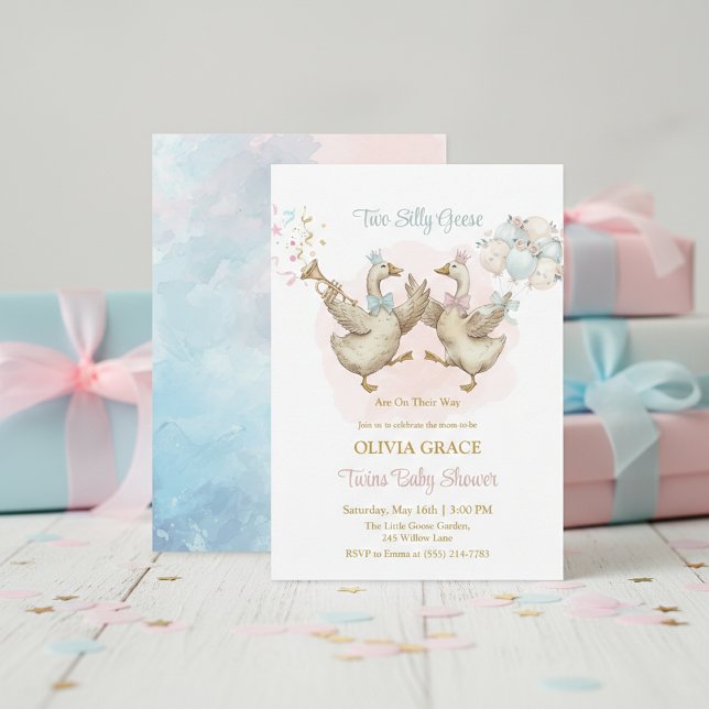 Invitación Two Silly Geese Pink And Blue Twins Baby Shower (Subido por el creador)