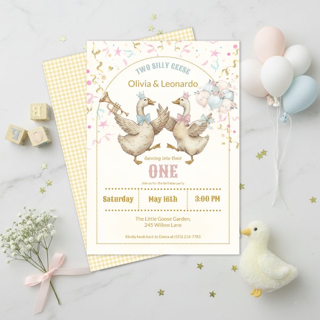 Invitación Two Silly Geese Twins Boy & Girl Birthday  (Subido por el creador)