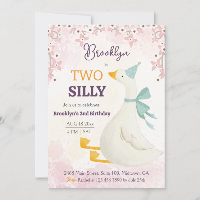 Invitación Two silly goose 2nd birthday cute floral pink (Anverso)