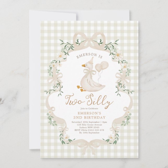 Invitación Two Silly Goose Beige Bow Girl 2nd Birthday (Anverso)