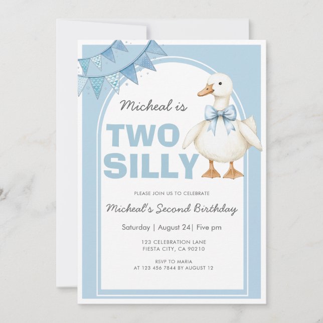 Invitación Two Silly Goose Blue Boy Second Birthday (Anverso)