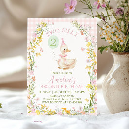 Invitación Two Silly Goose Floral Pink Gingham Girl Birthday