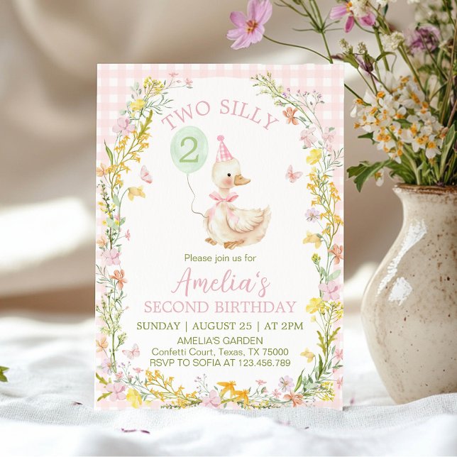Invitación Two Silly Goose Floral Pink Gingham Girl Birthday (Subido por el creador)