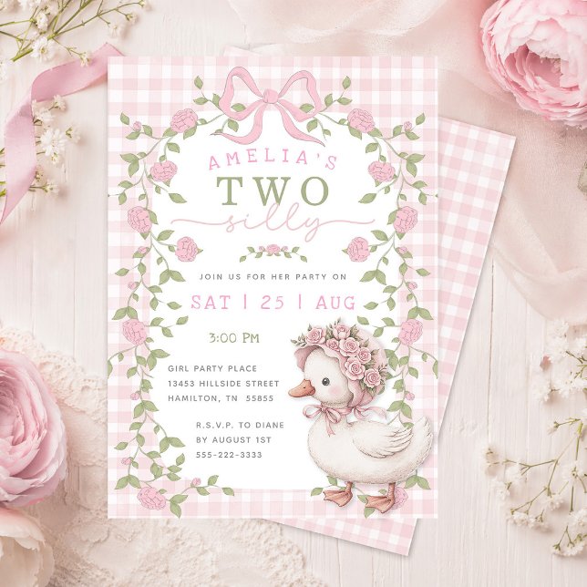 Invitación Two Silly Goose Pink Gingham Second Birthday Party (Two Silly Goose Pink Gingham Second Birthday Party Invitation)
