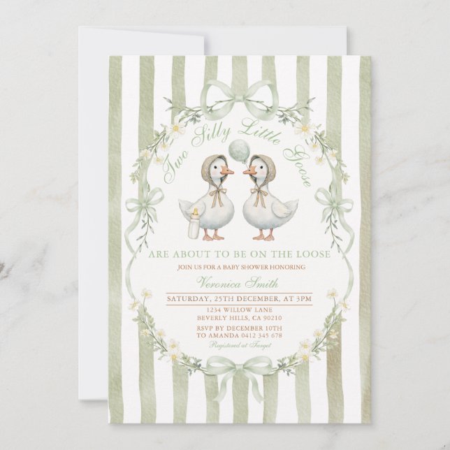 Invitación Two Silly Little Geese Baby Shower Twin Neutral (Anverso)