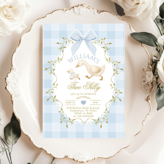 Invitación Two Silly Whimsical Blue Gingham Boy 2nd Birthday (Subido por el creador)