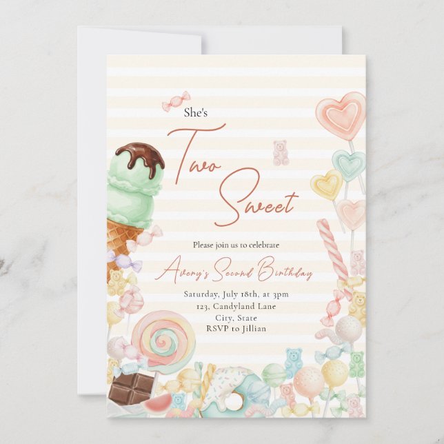 Invitación Two Sweet Birthday Invite Yellow Stripe (Anverso)