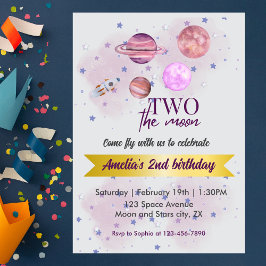 Invitación Two The Moon 2nd Birthday Girl Moon Stars Rocket 
