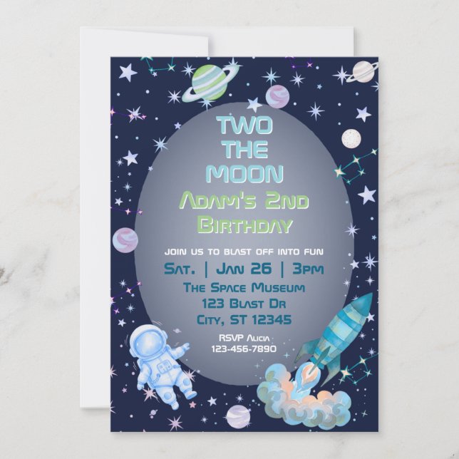 Invitación Two The Moon, Blue Green Space 2nd Birthday  (Anverso)