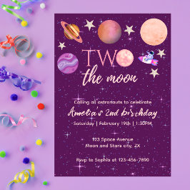 Invitación Two The Moon Girl Space Pink Planets 2nd Bday