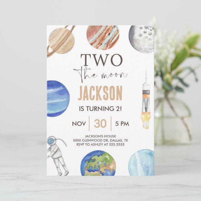 Invitación Two The Moon | Modern Space 2nd Birthday Décor (Anverso de pie)