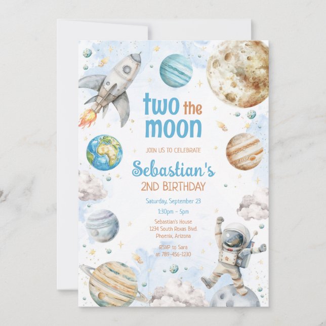 Invitación Two The Moon Outer Space Astronaut 2nd Birthday (Anverso)