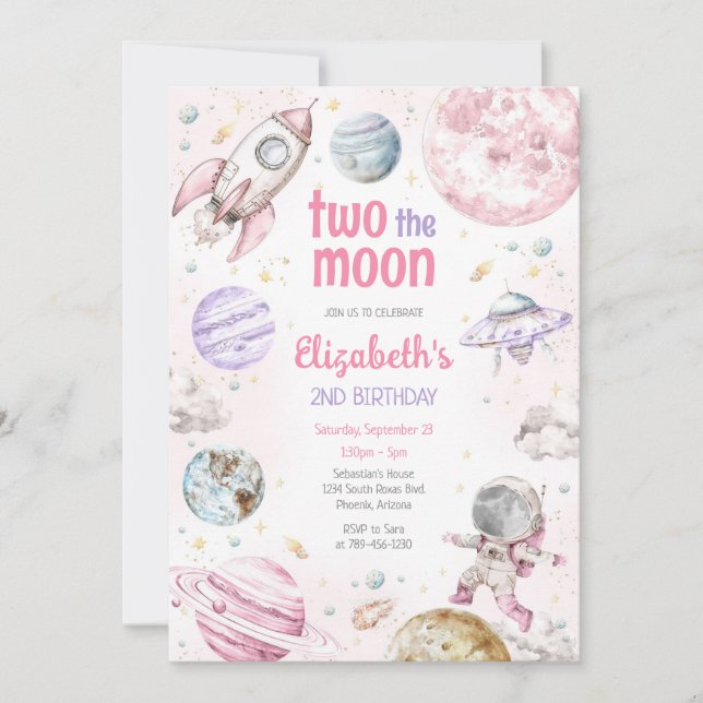 Invitación Two The Moon Outer Space Astronaut 2nd Birthday (Anverso)