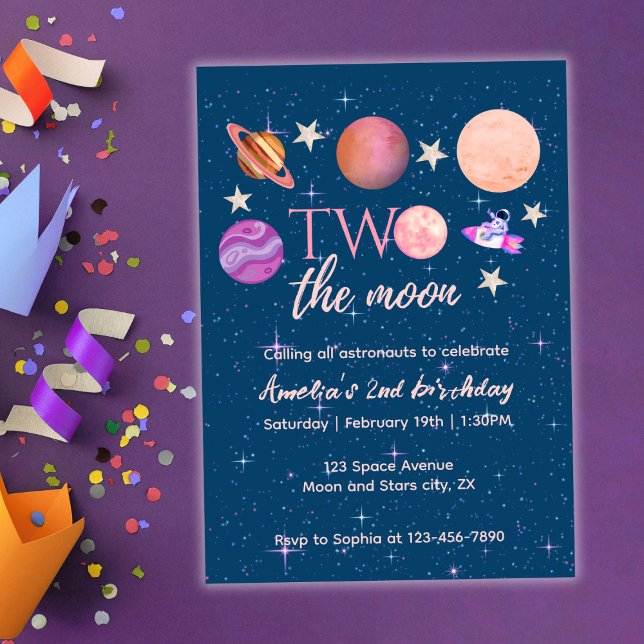 Invitación Two The Moon  Outer Space Ship Planets 2nd Bday (Subido por el creador)