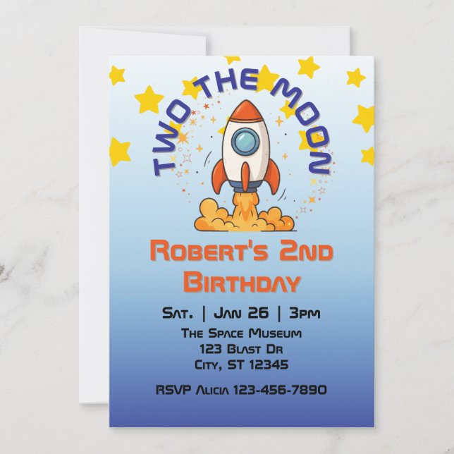 Invitación Two The Moon, Rocket 2nd Birthday Invitation (Anverso)
