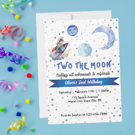 Invitación Two The Moon Rocket Space Blue Boy 2nd Birthday 
