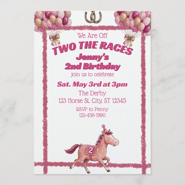 Invitación Two The Races, Pink Horse 2nd Birthday (Anverso)