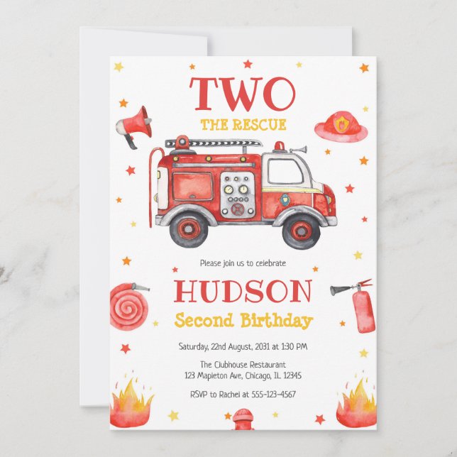 Invitación Two the Rescue Firetruck 2nd Birthday Invitation (Anverso)