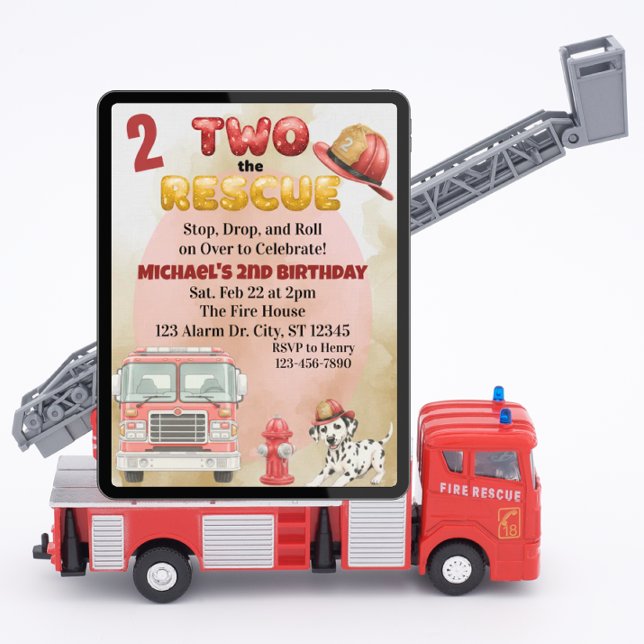 Invitación Two the Rescue, Watercolor Firetruck 2nd Birthday (Subido por el creador)