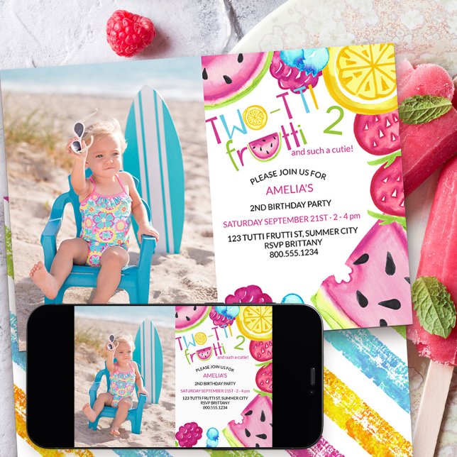 Invitación TWO-tti Frutti Qué Cuti Foto Cumpleaños 2º (Two-tti frutti 2nd birthday invitation with photo)