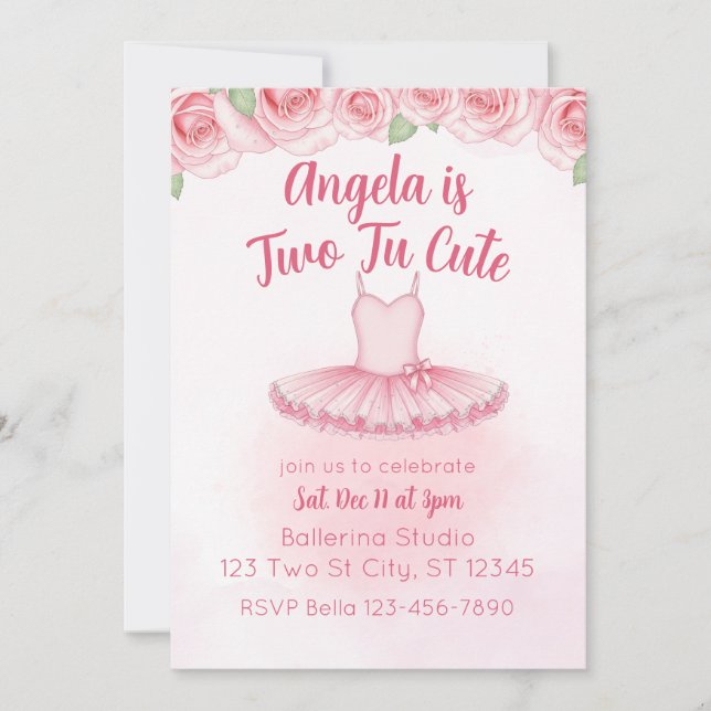 Invitación Two Tu Cute, Ballerina 2nd Birthday (Anverso)