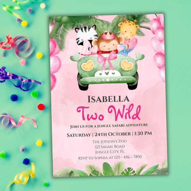 Invitación Two Wild Cute Safari Animals Girls 2nd Birthday  (Subido por el creador)