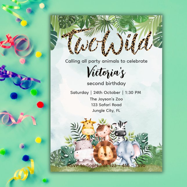 Invitación Two Wild Cute Safari Animals Girls 2nd Birthday  (Subido por el creador)