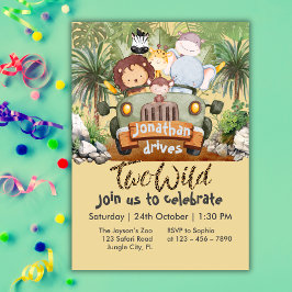 Invitación Two Wild Safari Animals Driving Car 2nd Birthday 