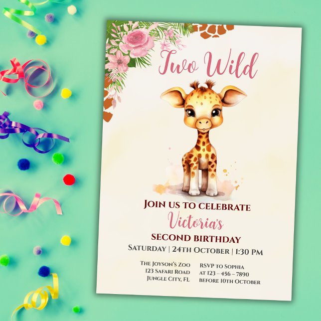 Invitación Two Wild Safari Cute Giraf Girl 2nd Birthday (Subido por el creador)