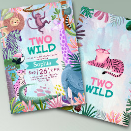 Invitación Two Wild safari jungle animals Girl birthday