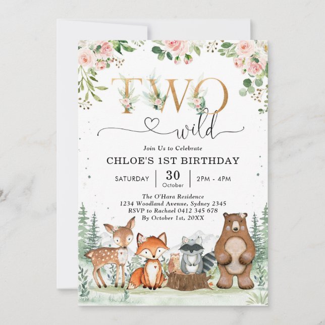 Invitación Two Wild Woodland Party Animals Girl 2nd Birthday  (Anverso)