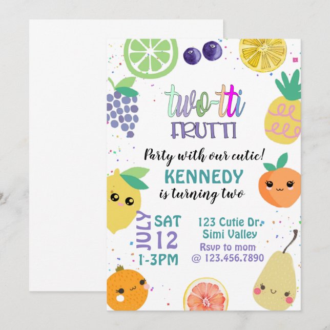 Invitación Twotti Fruiti, DOS, cumpleaños de niños,  (Anverso / Reverso)