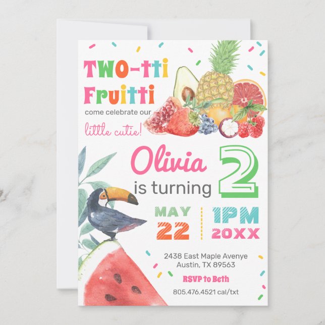 Invitación Twotti Fruitti Frutos Tropicales Turcas Cumpleaños (Anverso)