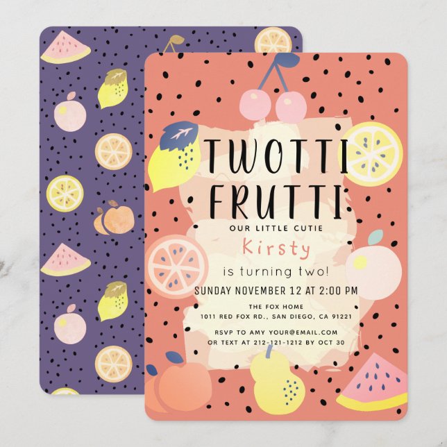 Invitación Twotti Frutti Fruit Naranja Purple 2º cumpleaños (Anverso / Reverso)