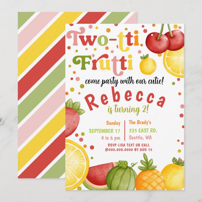 Invitación Twotti Frutti Fruity Divertido segundo cumpleaños (Anverso / Reverso)