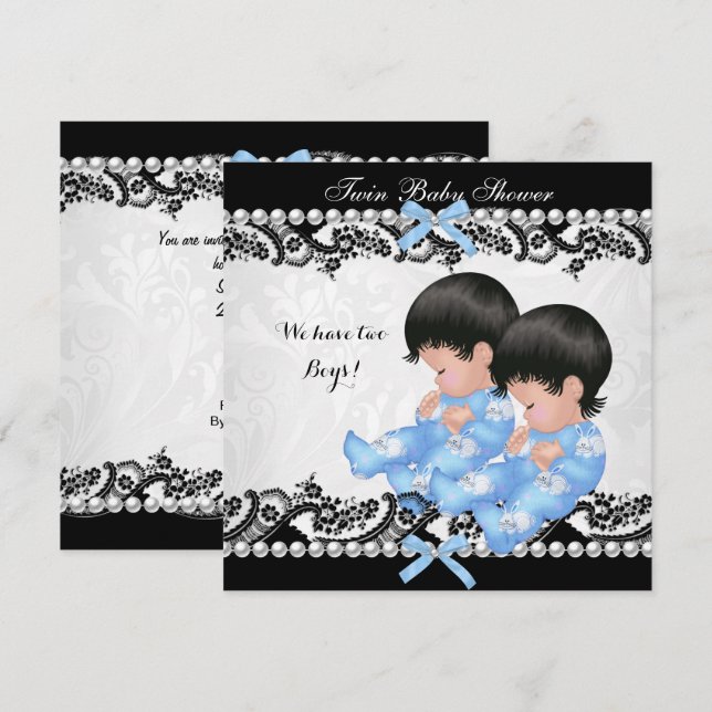 Invitación Twys Boys Baby Shower Cute Boy Blue (Anverso / Reverso)
