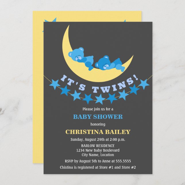 Invitación Twys Boys Teddy Bear Baby Shower (Anverso / Reverso)