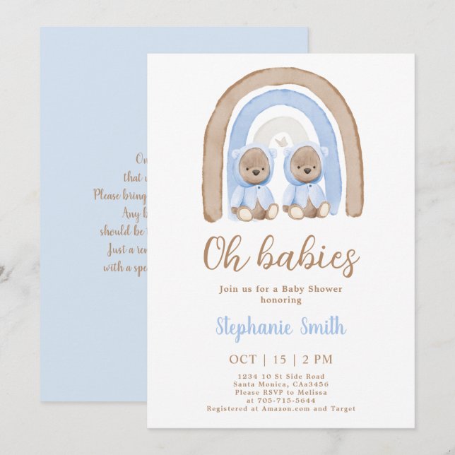 Invitación Twys Boys Teddy oso Rainbow Baby Shower (Anverso / Reverso)