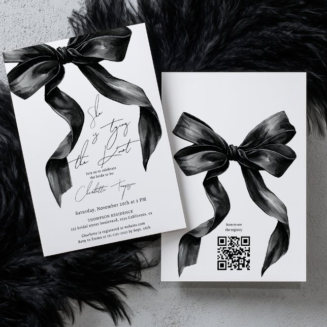 Invitación Tying Knot Black Coquette Bow Bridal Shower QR (Tying Knot Black Coquette Bow Bridal Shower QR Invitation)